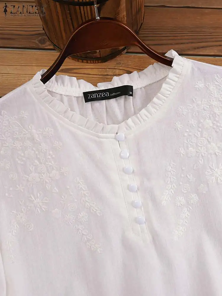 ZANZEA Summer Vintage Shirts Elegant OL Work Blouse Women 3/4 O Neck Sleeve Tops Embroidery Blusas Femme Causal Cotton Chemsie