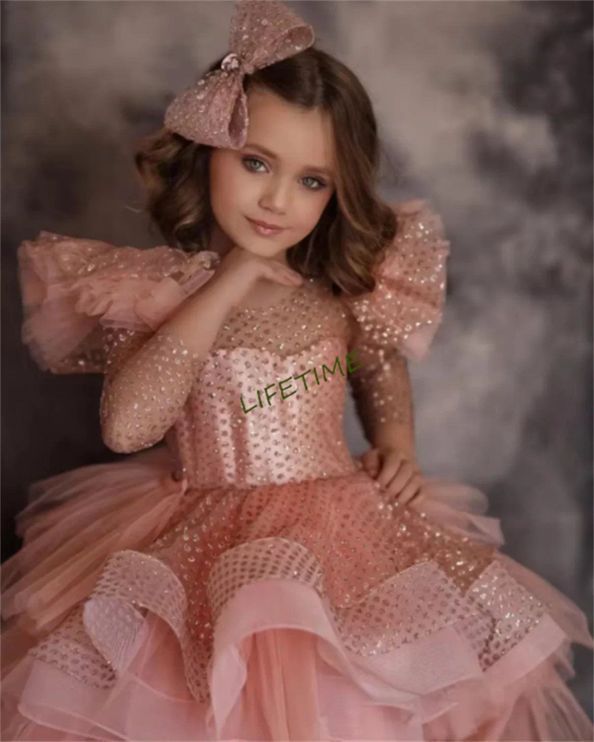 

Gorgeous Pink High-Low Puffy Girls Birthday Dress Long Sleeves Princess Pageant Prom Dresses Wedding Flower Girl Dress