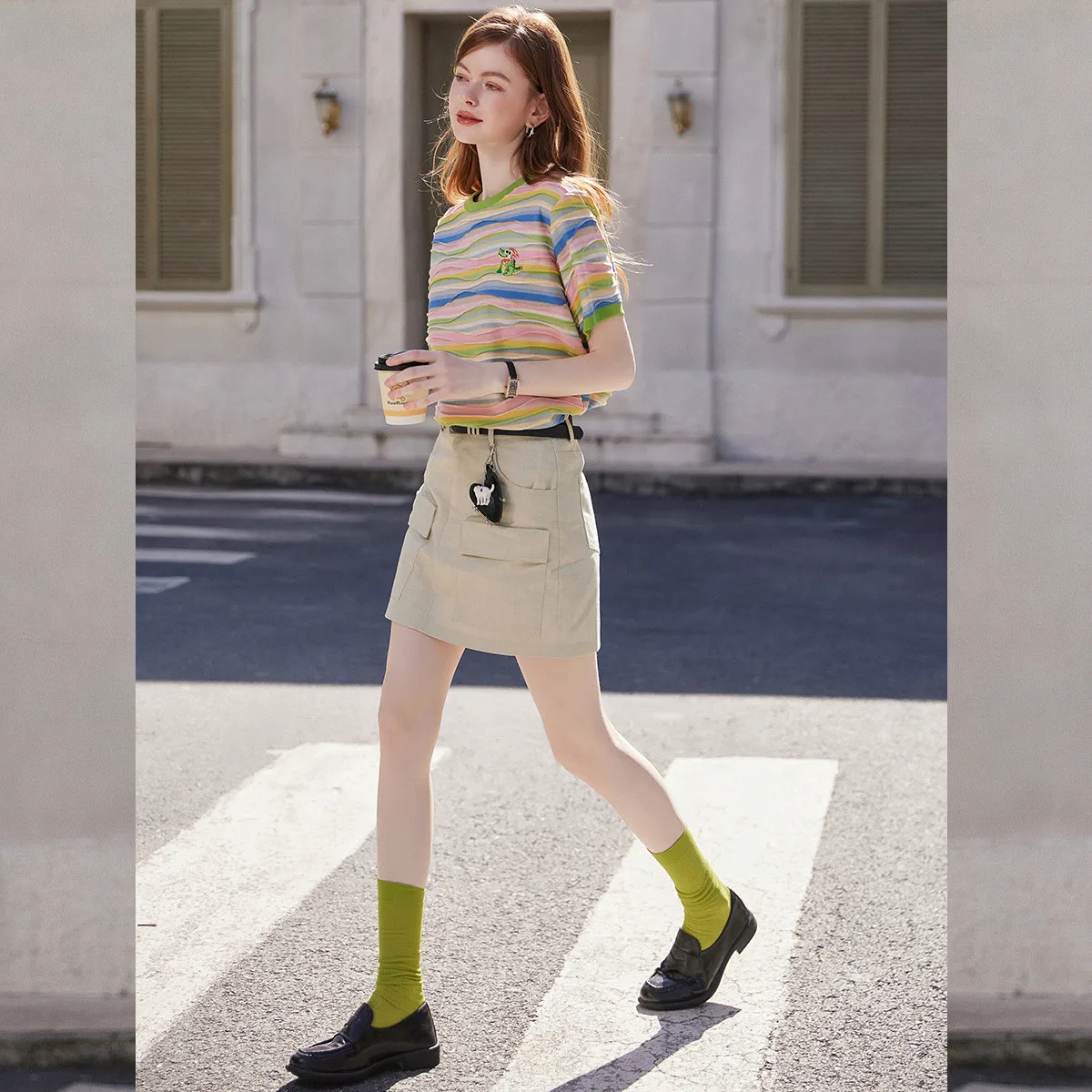 LOUISYAO 2026 Spring Summer Women's T-Shirt 100% Cotton Contrast Stripe Short Sleeve Crew Neck Sweet Top