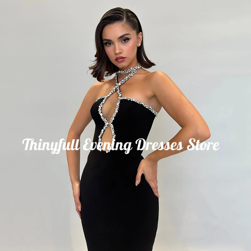 Thinyfull Formal Mermaid Prom Evening Dresses Black Halter Neck Beadings Night Dress Saudi Arabia Cocktail Party Gowns Plus Size