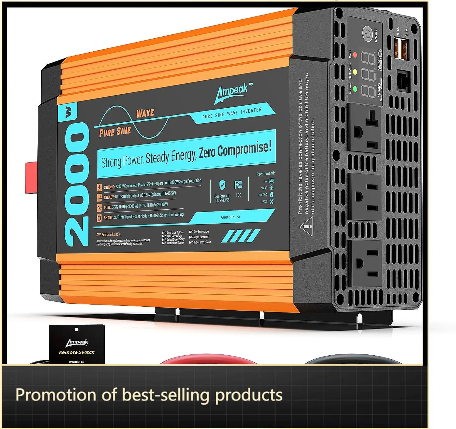 

Pure Sine Wave Inverter 2000W 6000W Surge 12V DC To 110V AC Converter For RV Truck Home Solar Outdoor