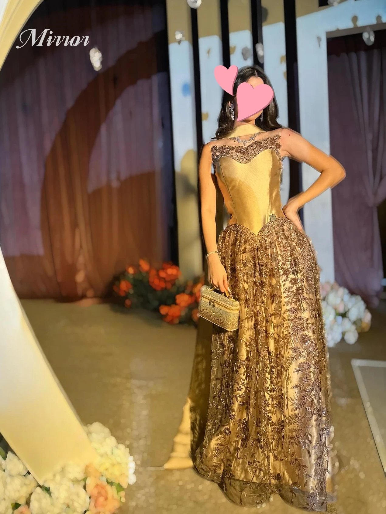 

Mirror Dress Elegant Vintage Sweet Gold Beads Lace Princess Ribbon Customize Formal Occasion Prom Dress Evening Party Gowns