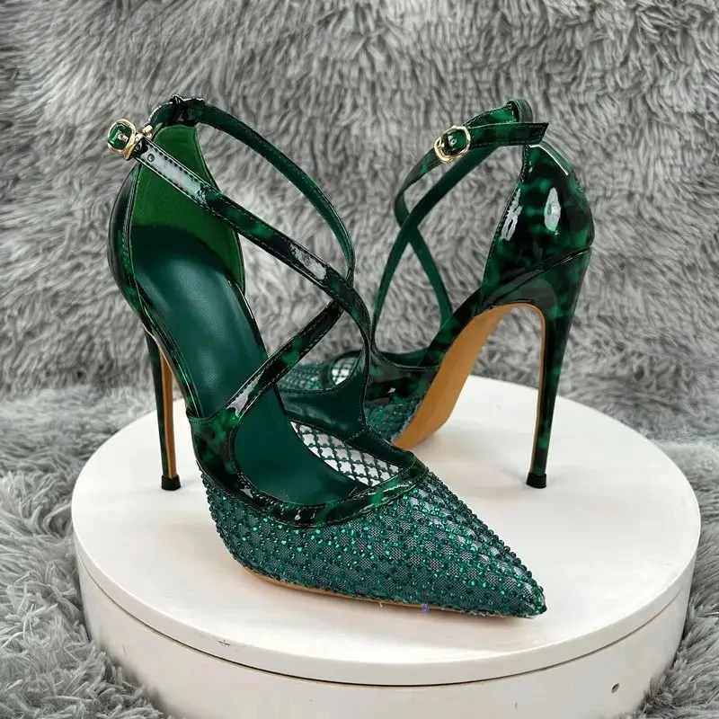 Tikicup Vintage Women Green Rhinestone Pointed Toe High Heels 8CM 10CM 12CM Super Stiletto Pumps Cross Ankle Strap Party Shoes