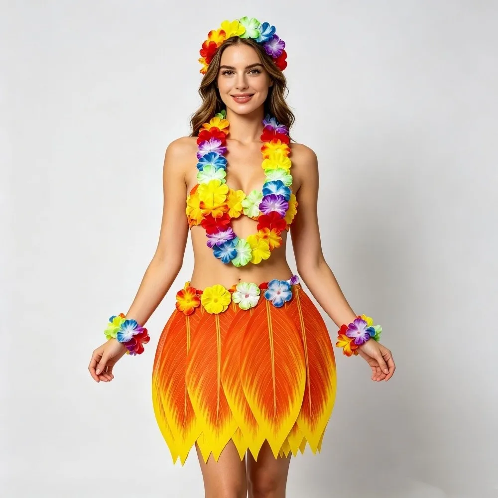 5Pcs Simulation Leaf Hawaiian Luau Outfit Set Hibiscus Wreaths Hawaiian Garlands Complete Dance Outfit Grass Skirt