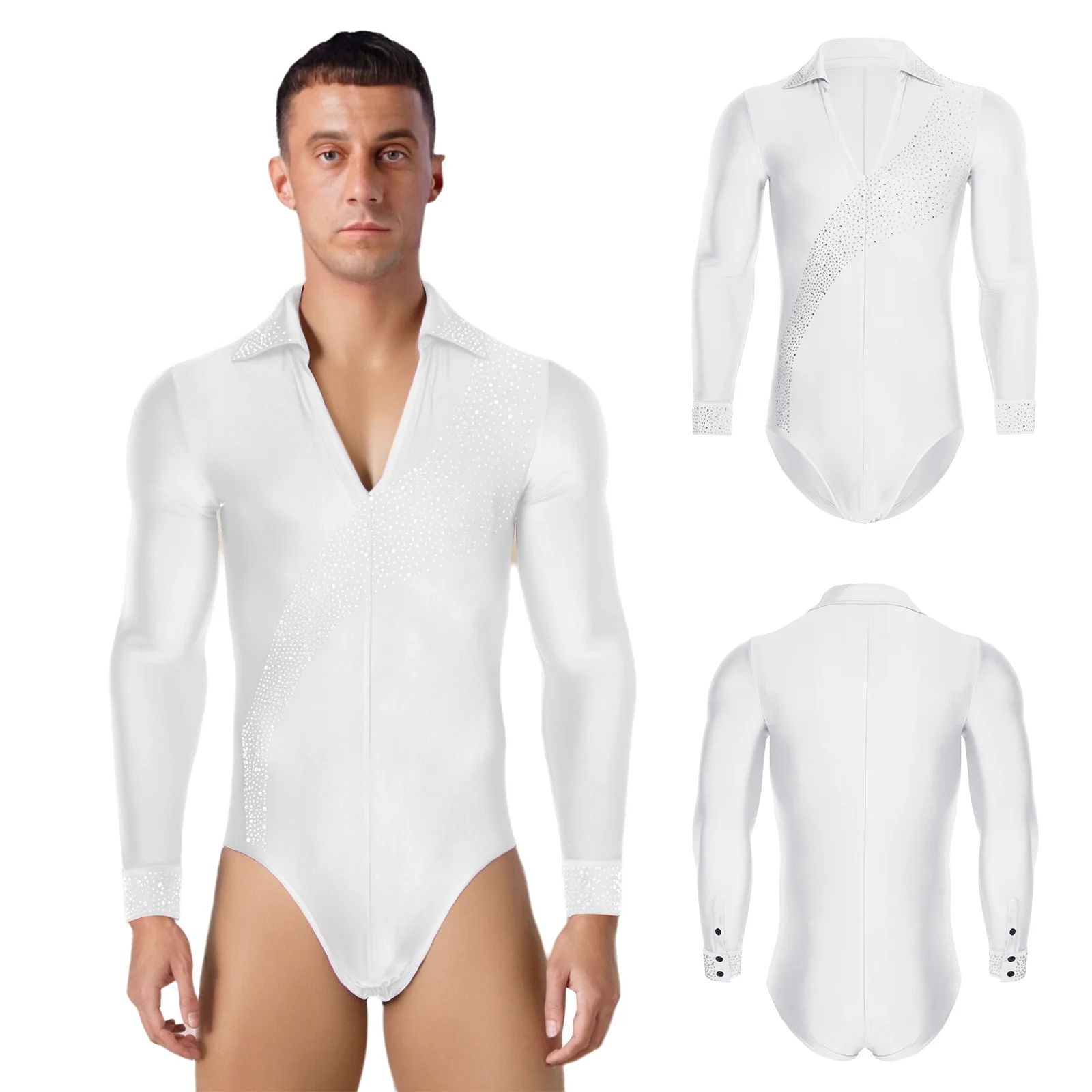 

Flexible Performance Bodysuit for Latin Dancers Men V Neck Long Sleeve Leotard for Salsa Rumba Chacha Latin Dance Activities