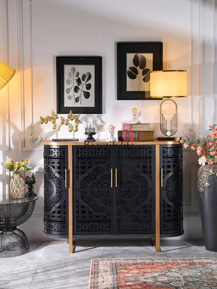 

European Entry Lux Wrought Iron Carved Solid Wood Entrance Cabinet Black Gold Hollow Storage Cabinet