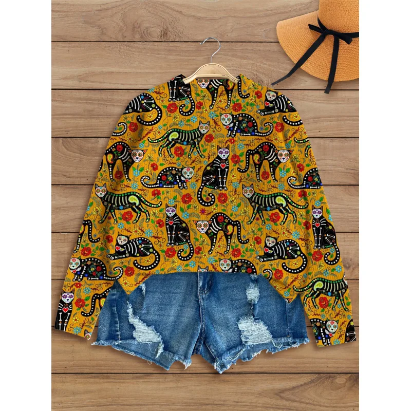 

Halloween Cat Skeleton Digital Print Women Sweater Knit Pullover Thick Warm Loose Crew Neck Long Sleeve Autumn Winter Fashion