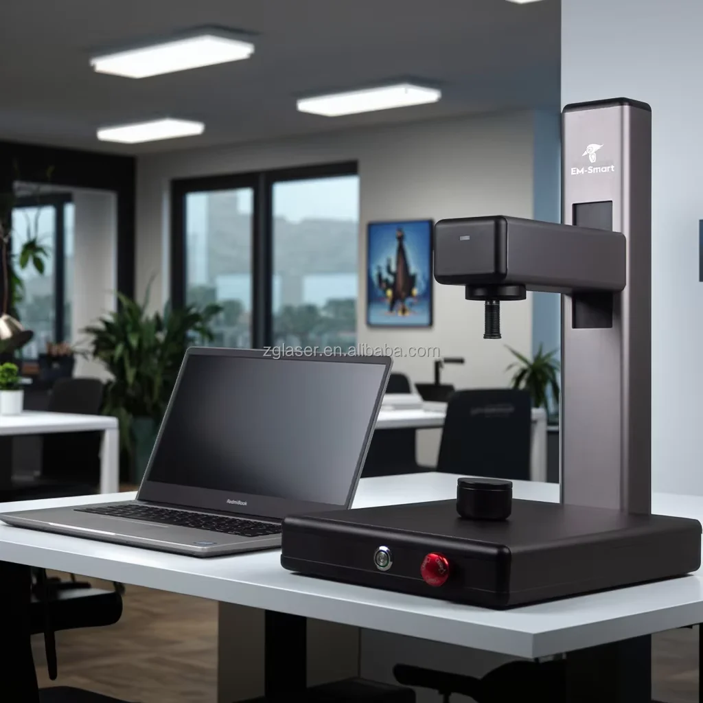 EM Smart Portable Benchtop CNC Fiber Laser Engraver With Air-Cooled System Uni-Body Design 10Kg Weight EZCAD Control
