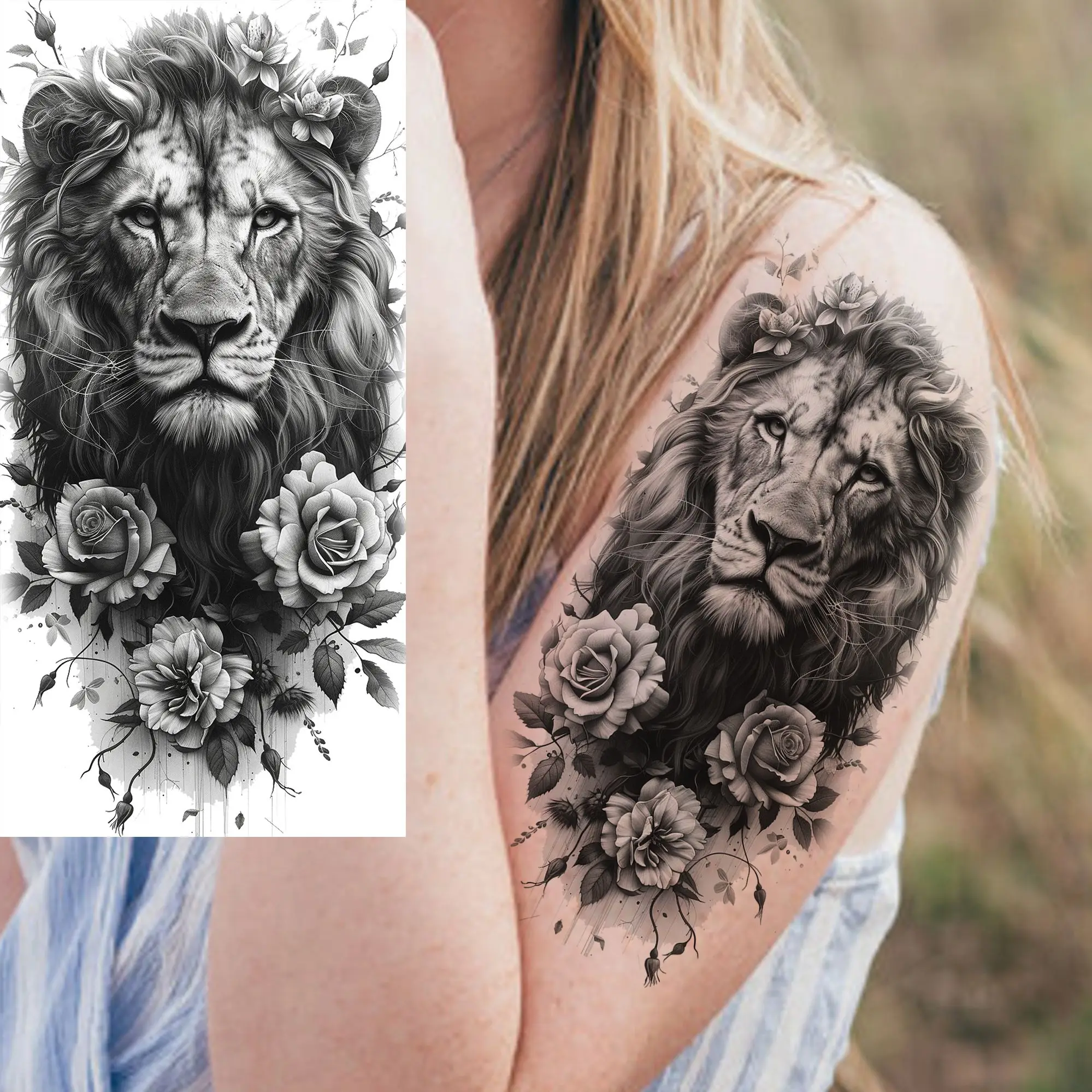1 Sheet Leopard Lion With Rose Flowers Temporary Tattoos For Women Girls Waterproof Realistic Fake Tattoo Sticker Long Lasting 2