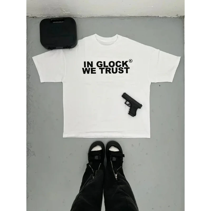 

Kixkz Fashion Brand Summer Harajuku Loose Women Cotton T-shirt IN GLOCK WE TRUST Letter Print Oversize Tee Short Sleeve Clothing