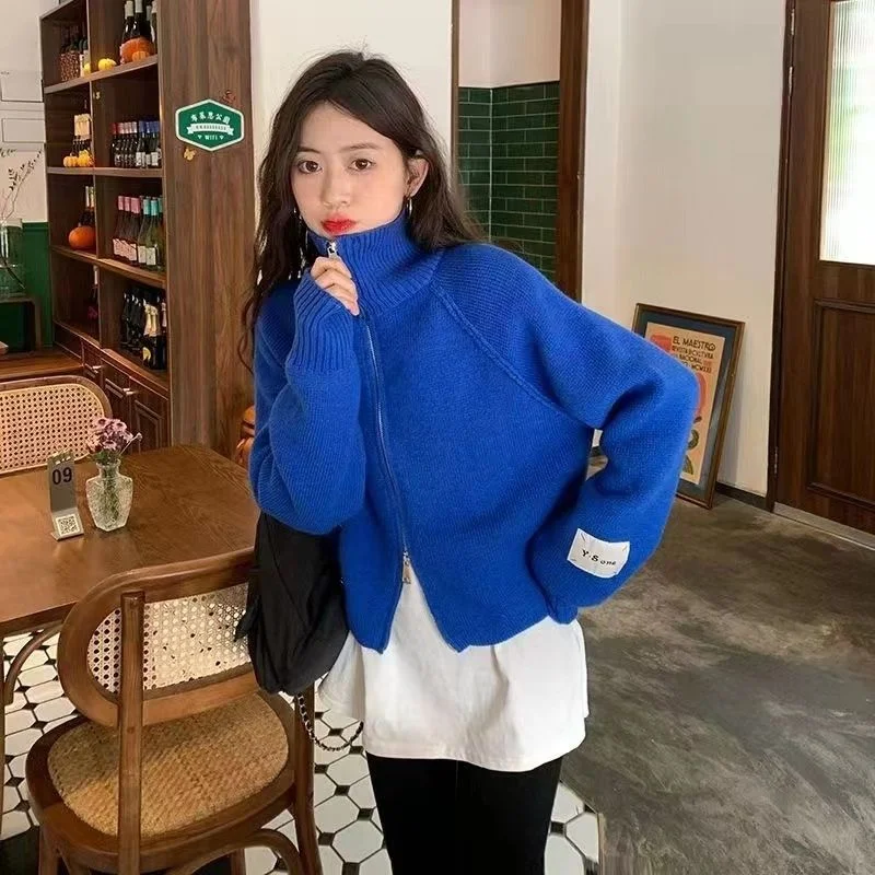 High Neck Cardigan Sweater Women Small Short Double Zipper Design Long Sleeve Solid Autumn Winter Knitted Cardigan Sweater