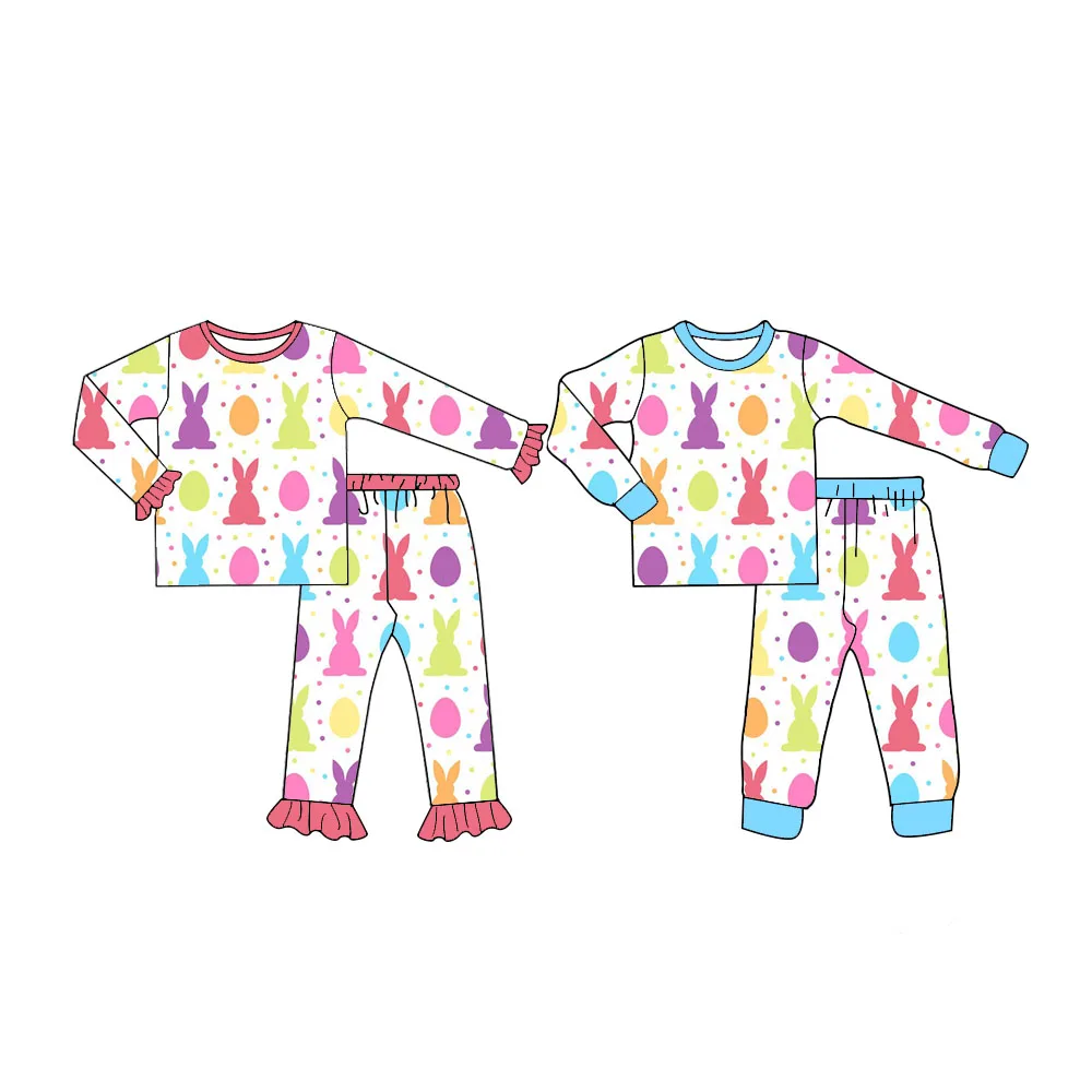 Easter New fashion Girls and boys Series set Bunny and egg pattern Long sleeve collection Milk silk fabric production