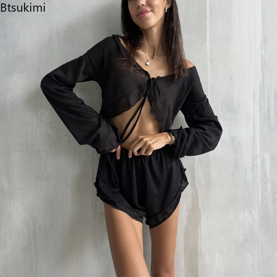 2025 Women's Lace Up Cardigan Shorts Pajama Set Summer Knitted Sexy Solid Color Short Top Pajamas Casual Home Clothes for Women