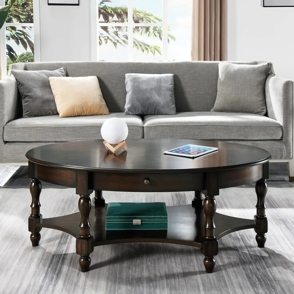 MODERION Coffee Table with Drawer, Solid Wood Oval Center Table with Storage Shelf, Traditional Living Room Table
