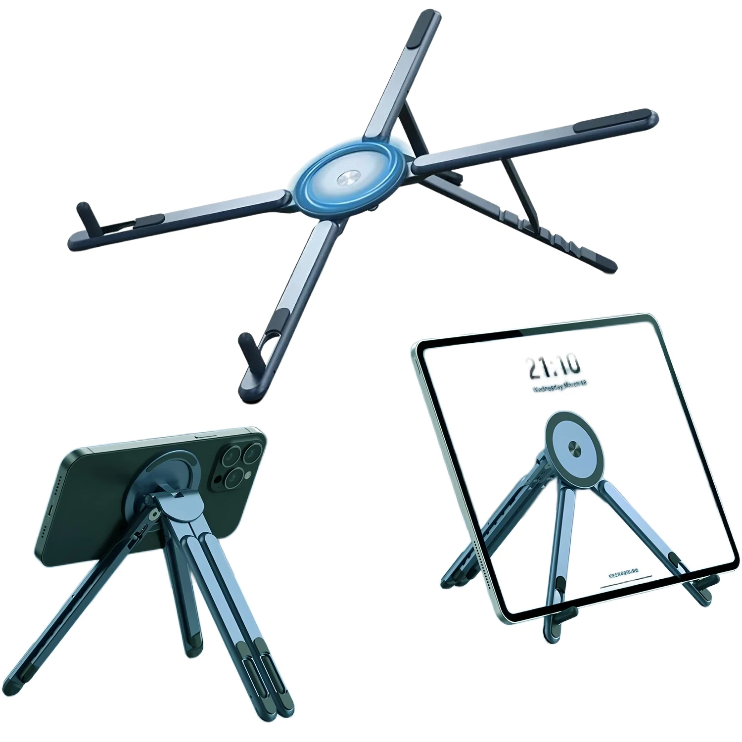 Image of 4-in-1 Faltbarer Laptop-Ständer Magnetischer Telefonhalter Aluminium Tragbare Schreibtischhalterung mit Stativgriff für Pro iPad Reise-Vlogging