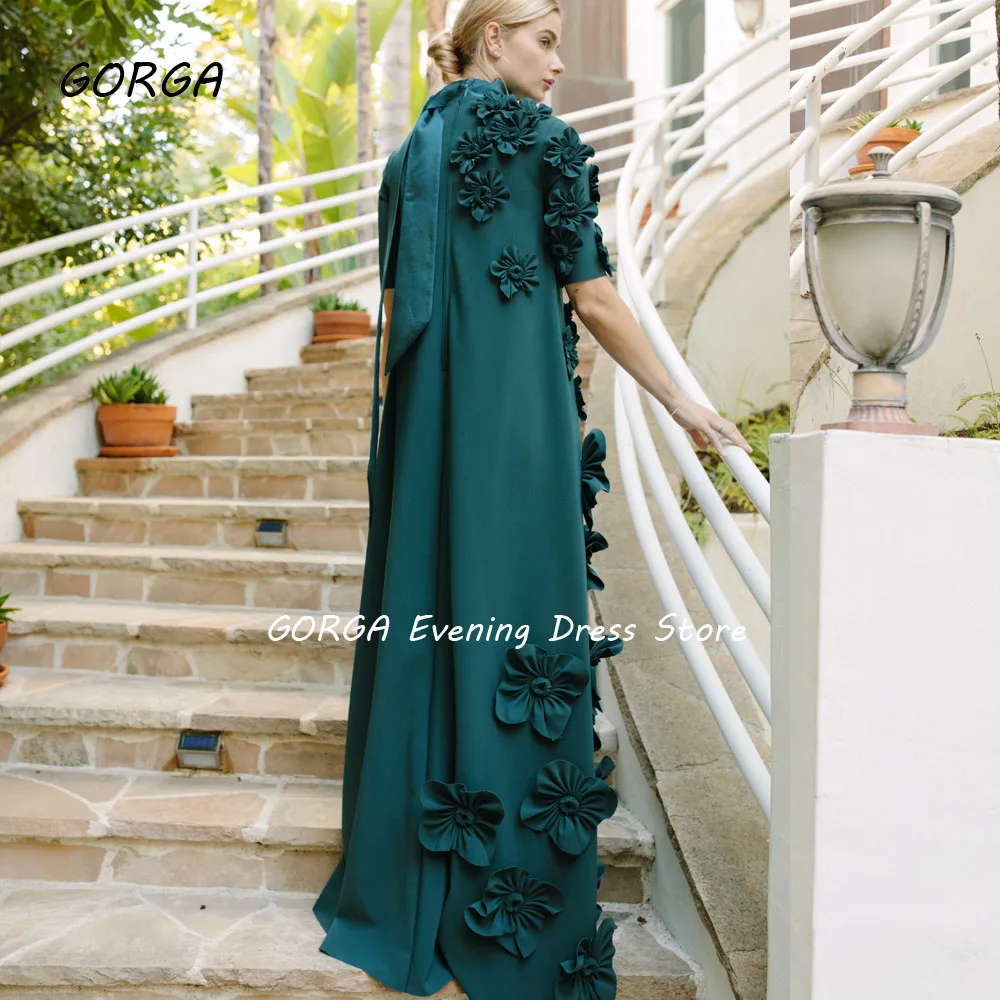 GORGA Green High Neck 3D Flowers Evening Dresses Arabia Crepe Half Sleeve Straight Formal Occasion Dress Floor-Length Party Gown