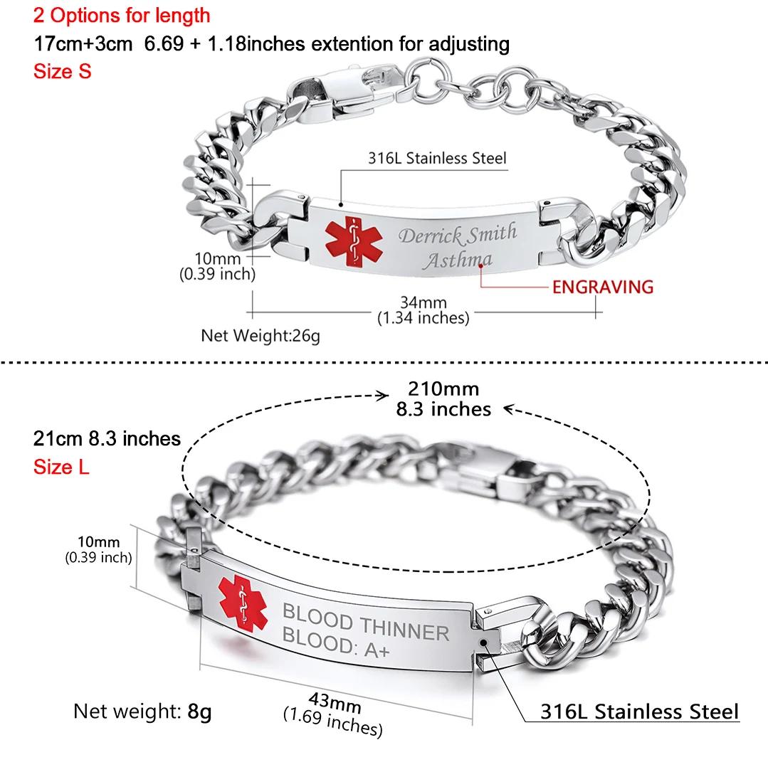 U7 Custom Stainless Steel 17/21 Cm Medical Alert Tag Cuban Chain Bracelets for Men Women Medical Emergency Info Jewelry Gift view 4