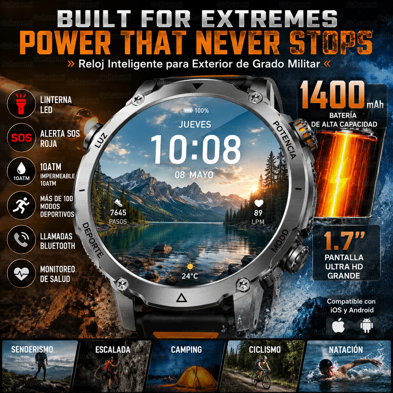 

TANK Military Grade Smart Watch 1400mAh Battery 10ATM Waterproof Outdoor Sport SOS Alarm Full Touch Screen Fitness Watch for Men