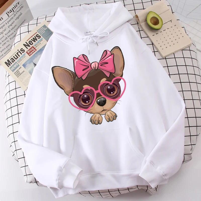 Cute Bow Tie Dog Print Hoodies Women Sweatshirts Fashion Long Sleeves Hooded Pullover Dog Wearing Glasses Print Hoodies Female