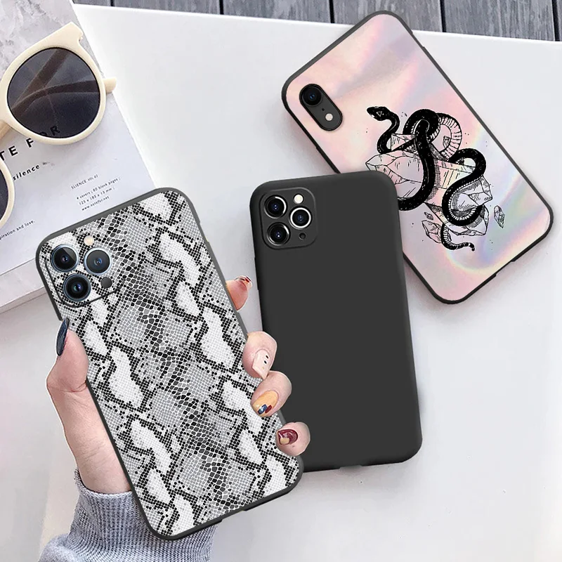 Matte Phone Case For iphone 15 Pro 14 13 12 Mini 11 8 7 6 6s Plus SE X XS Max XR Snake Skin Cat Print Soft Black Cover