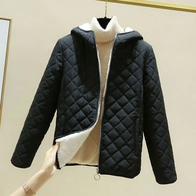 Abrigo de algodón a cuadros con capucha y cremallera de Metal para mujer, chaqueta gruesa con cuello alto, ropa de invierno, 2023