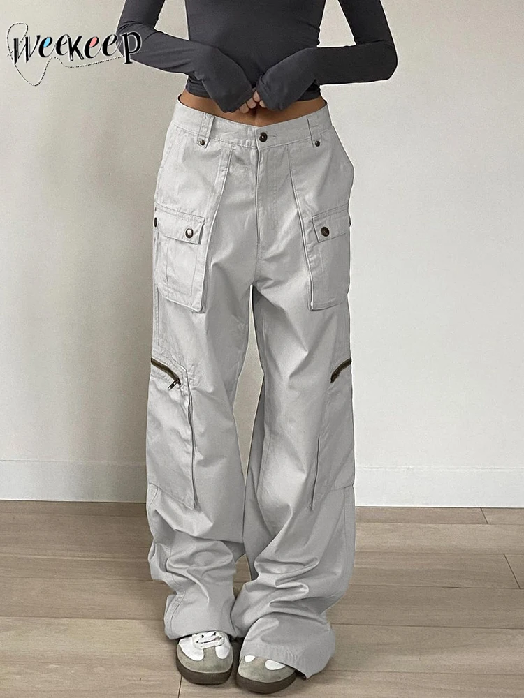 

Weekeep Oversized Grey Cargo Jeans Streetwear Zipper Big Pocket Patchwork Baggy Denim Pants Women Casual Trouser Korean Y2k 2023