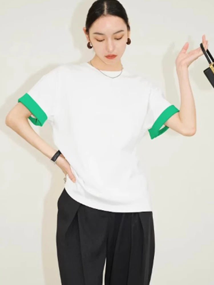 เสื้อยืดทรงสลิมฟิต คอกลม ดีไซน์ลายปะติด ผ้าฝ้ายแท้ เสื้อยืดเรียบง่าย สไตล์เกาหลี ใส่สบายในฤดูร้อน