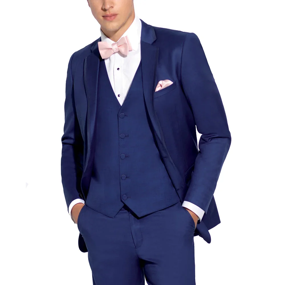 Chic Dark Blue Notch Lapel Single Breasted Suits for Men Luxury Smart Casual Outfits Formal Wedding Groom Tuxedo 3 Piece Set