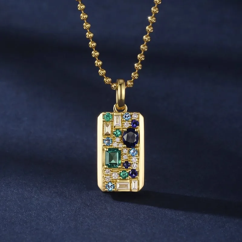 

Pure 18K gold yellow and white two-color multi-gemstone bright diamond rectangular pendant