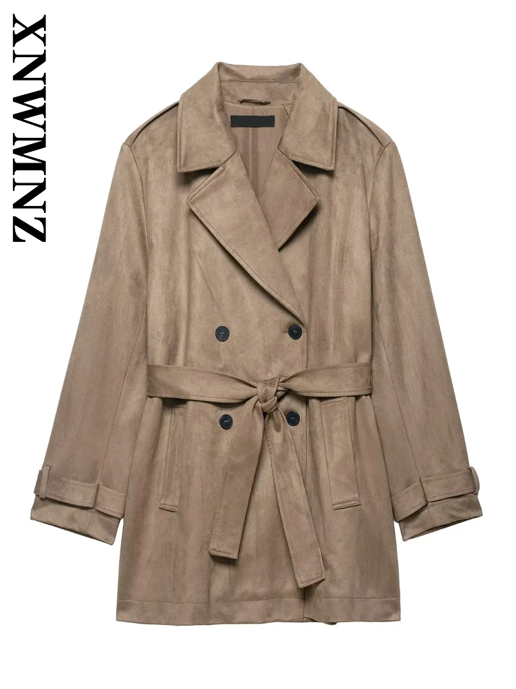 

XNWMNZ 2025 осенняя женская одежда, повседневная замшевая верхняя одежда с длинными рукавами, модный винтажный женский простой плащ цвета хаки с зубчатым воротником