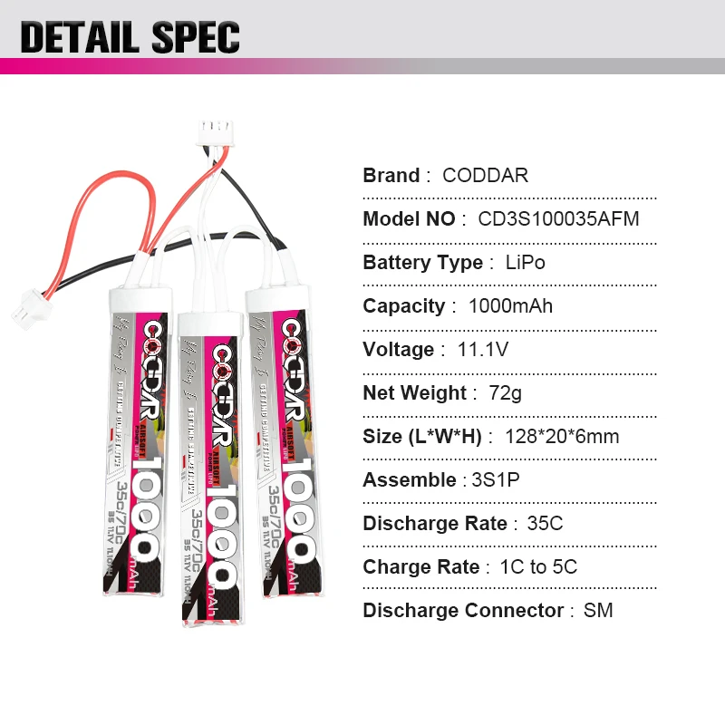 CODDAR 11.1V 3S Lipo Battery Water Gun for Mini Airsoft BB Air Pistol Electric Toys RC Parts With SM XT30 T Plug Max 70C