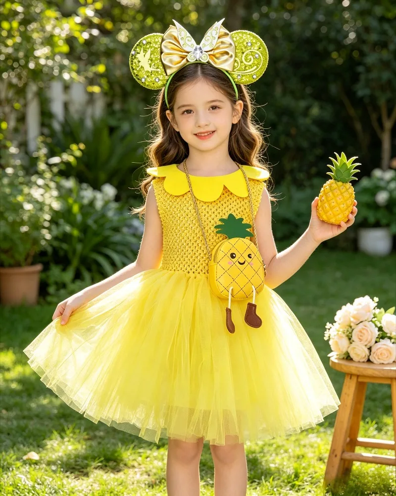 Halloween New Girls Yellow Pineapple Tutu Dress Set Voluminous Tulle Skirt With Decor Headband And Cute Mini Bag Fashion Apparel