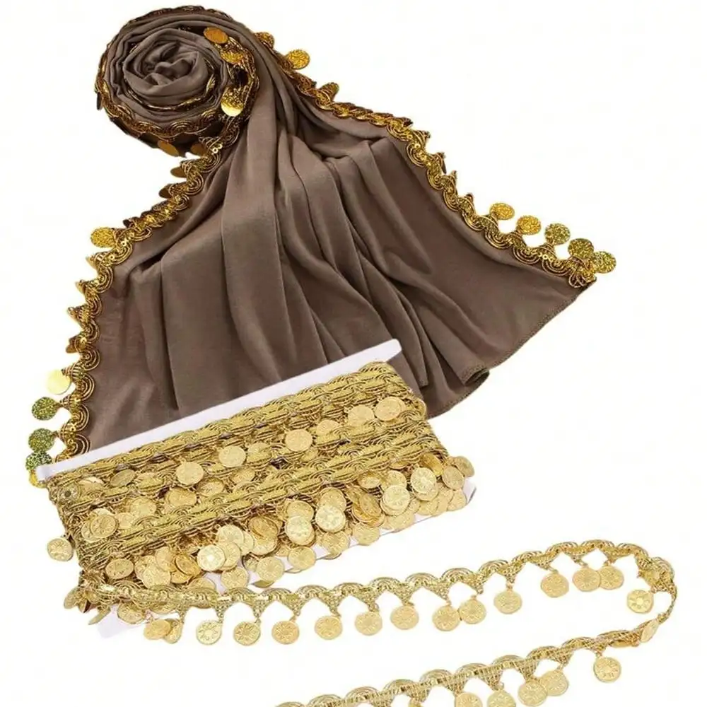 Goldmünzenförmige Paillettenbesatz-Borte mit Quasten, 4 cm breit, Pailletten-Quastenband, Fransen für Tanzkleider, Gürtel, Ketten, Kleidung – Detail 9