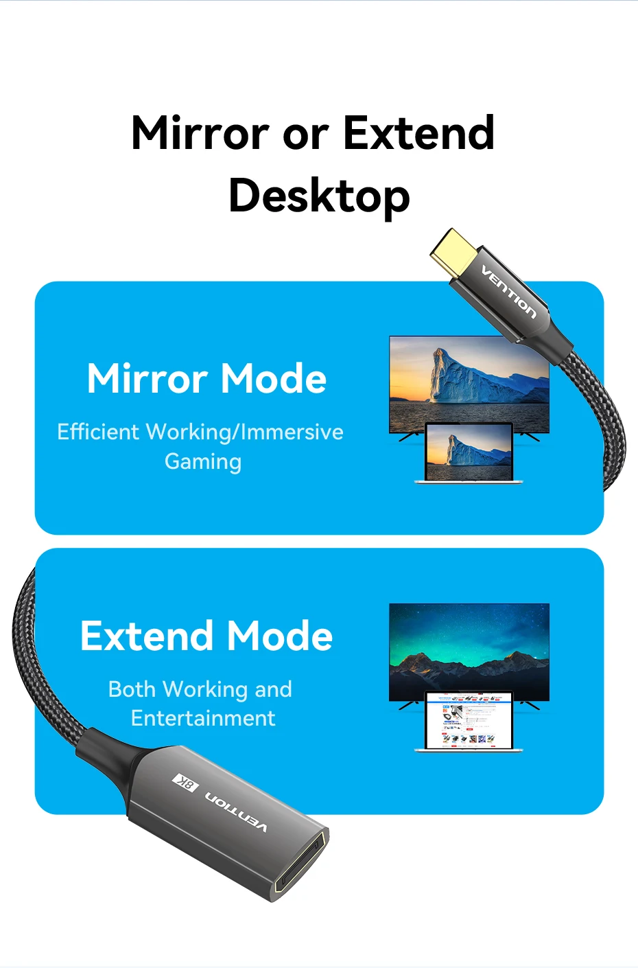 Vention 8K USB C auf DisplayPort-Kabel, USB-Typ-C-Stecker auf DP-Buchse, Adapter für Telefon, Tablet, Laptop, Monitor, bidirektionales USB-C – Detail 11