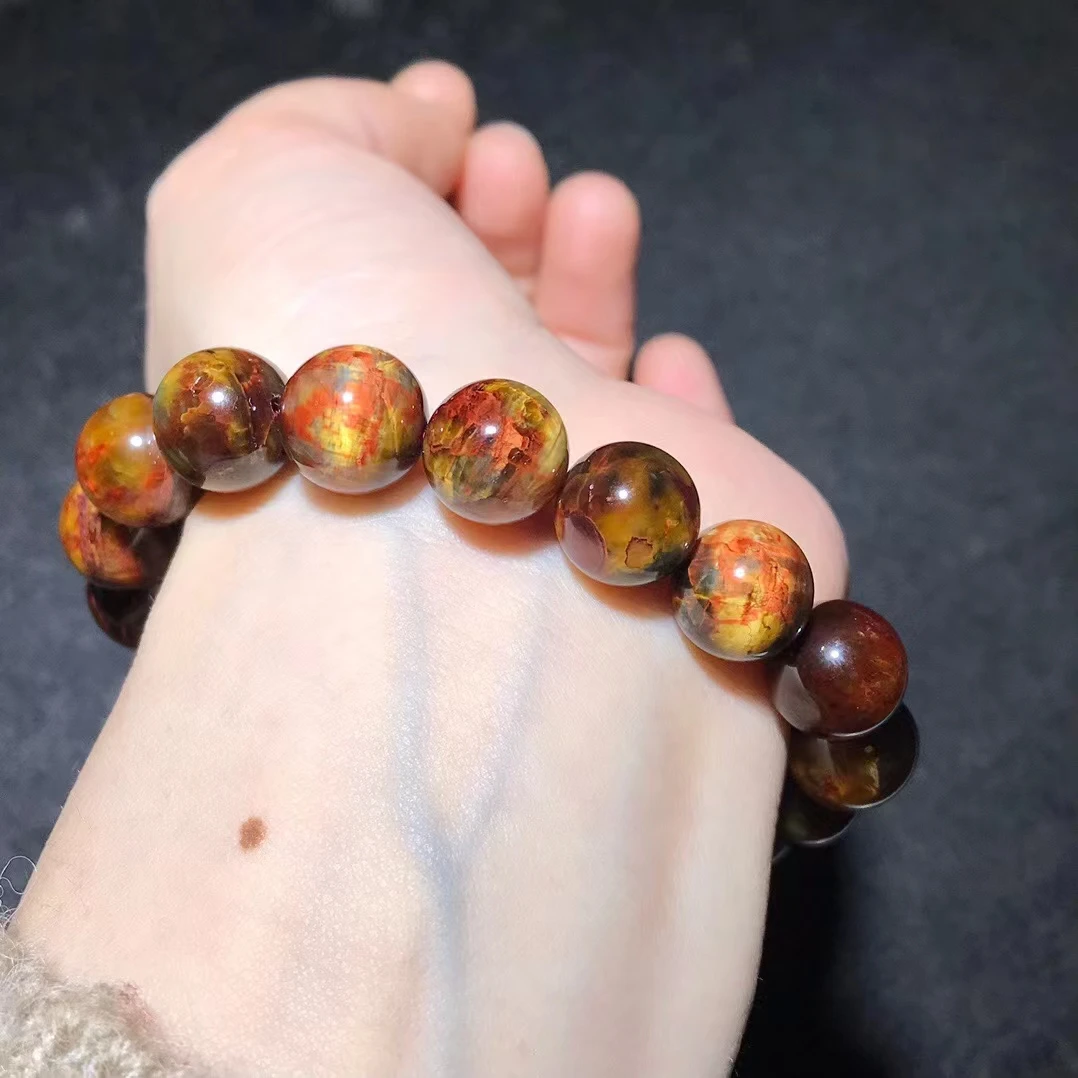 Natural Yellow Red Pietersite Chatoyant Round Beads Bracelet 11.6mm Cat Eye Namibia Fire Pietersite Jewelry AAAAA