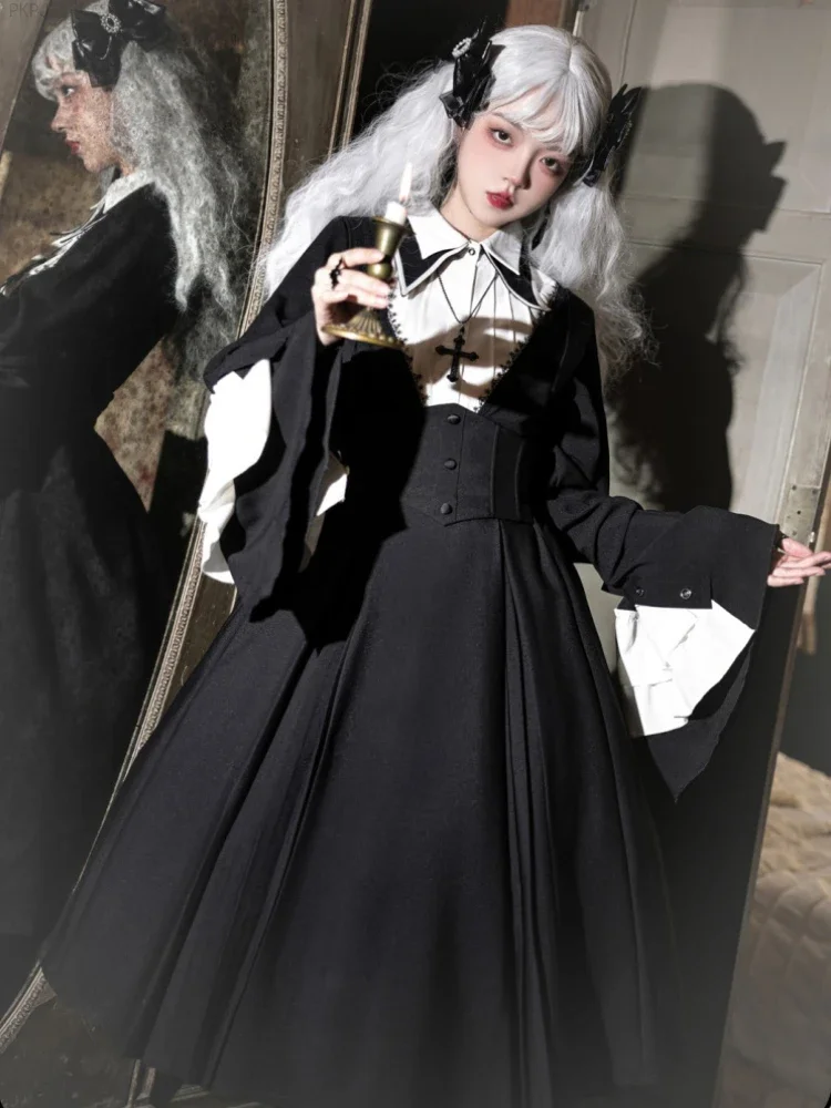 Black Gothic Evening Party Midi Dress Women Japanese Dark Academia Vintage Dress Female Y2k Cloak + Cute Shirt + Suspender Dress