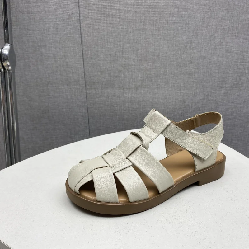 كعب منخفض عادية Roman oes المرأة الصنادل الجلدية شقة بوت رئيس طبقة جلد البقر ماجيك الشريط تو تغطي الصيف وصول جديد #4