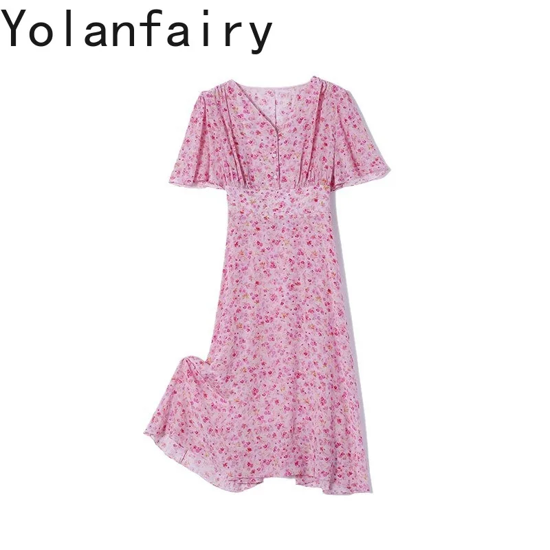 

YOLANFAIRY Высококачественное платье из 100% натурального шелка шелковицы, женское платье миди с высокой талией, лето 2025, модные розовые женские платья 원피스 여름