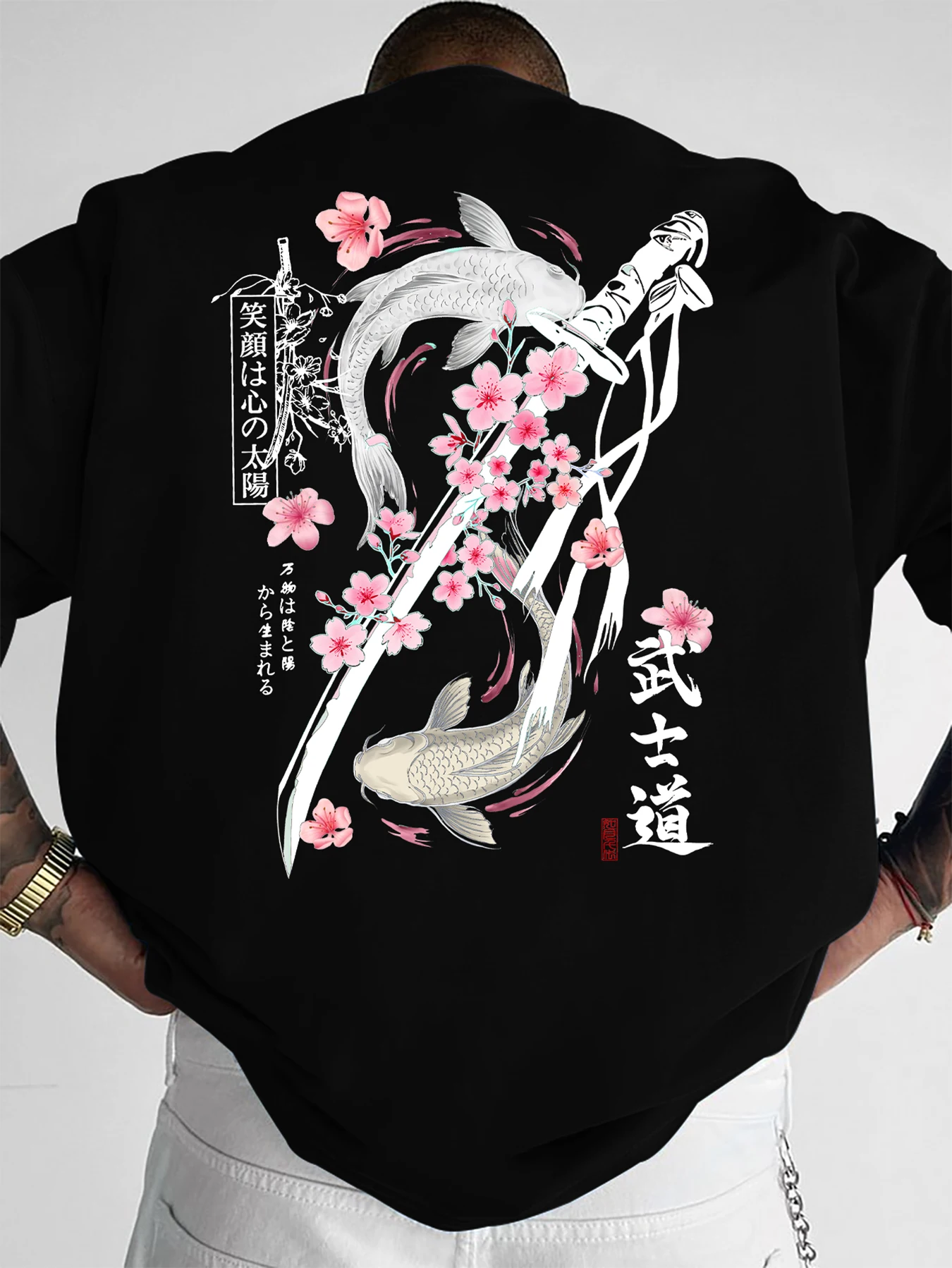 Printed T-shirt for Men New Summer Fashion Bushido Katana Koi Sakura Printed Tee Machine Washable S-XXL
