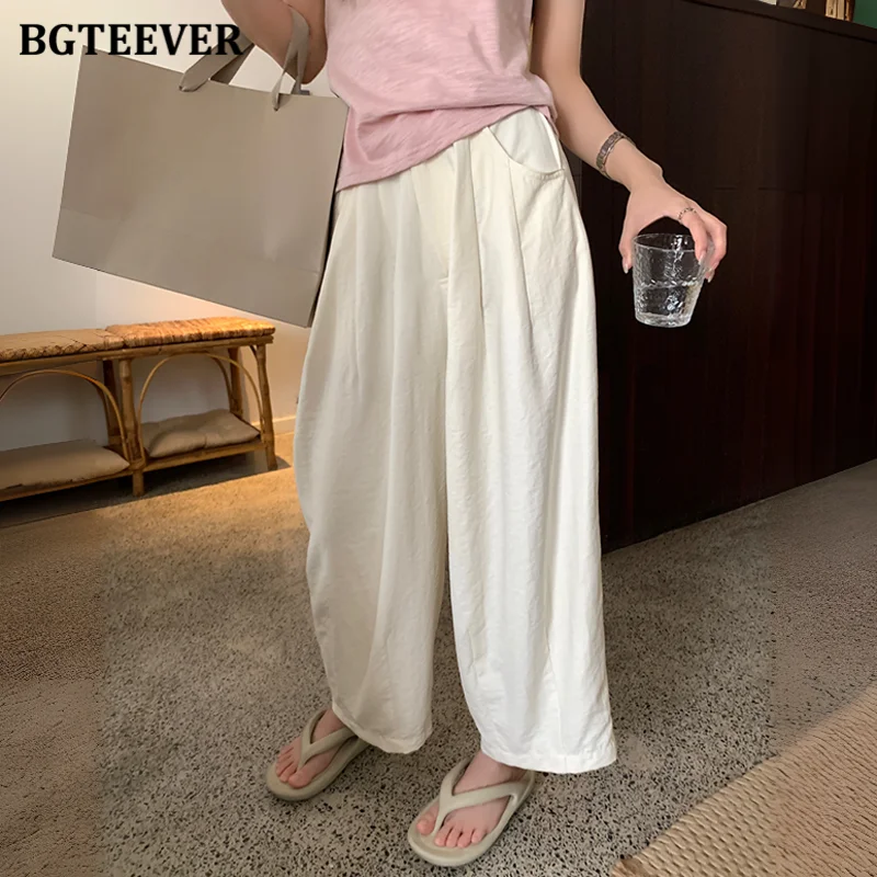 BGTEEVER Spring Summer High Waist Single Button Female Wide Leg Pants Casual Loose Pockets Women Trousers