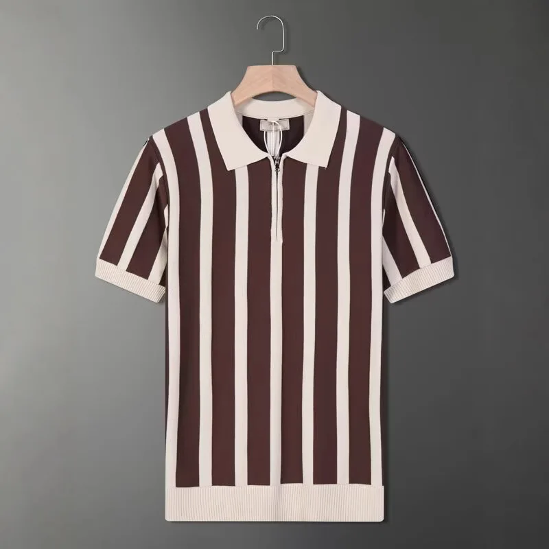 

Летняя рубашка с коротким рукавом в Корейском стиле в полоску в стиле ретро, индивидуальная трикотажная рубашка на молнии с половиной рукава, повседневная рубашка, мужская одежда Z
