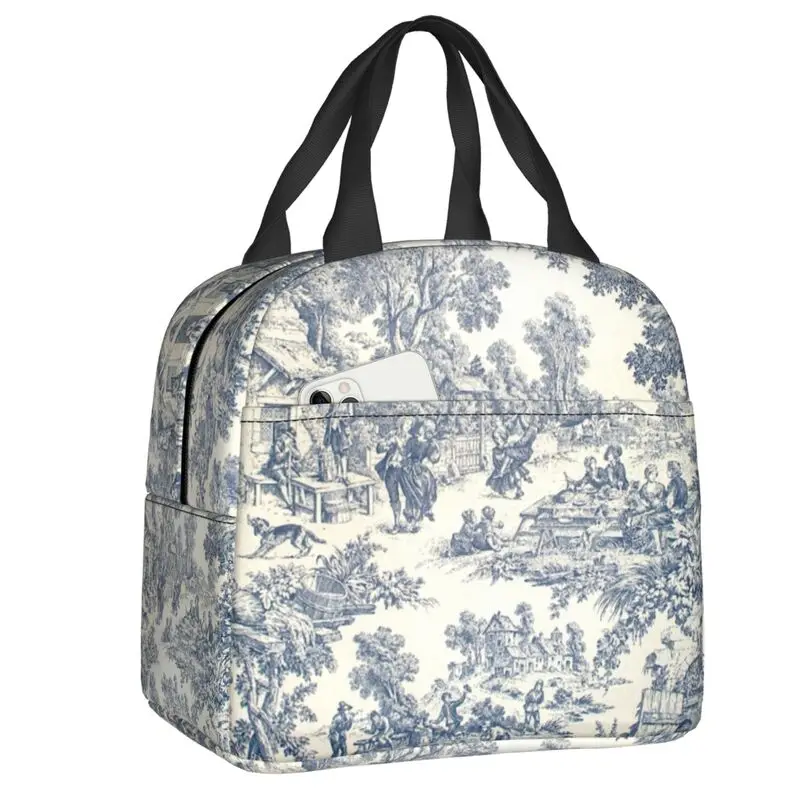 Toile De Jouy Number 2 Insulated Lunch Bag for Outdoor Picnic French Navy Blue Motif Waterproof Cooler Thermal Lunch Box