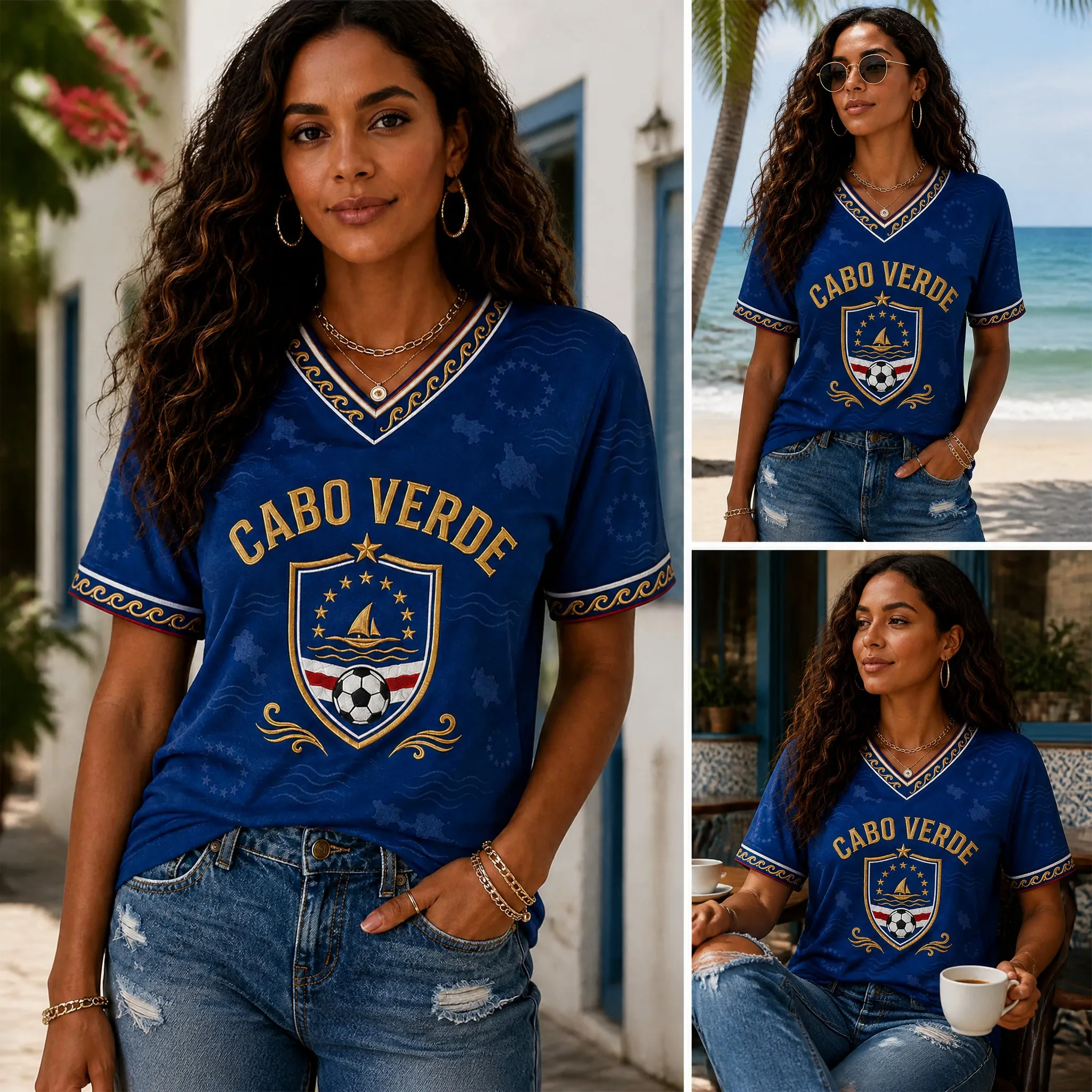 Cabo Verde Womens V Neck Football Tee Shield Sail Boat Graphic Casual Short Sleeve Summer Top Island Spirit Everyday Wear Outfit