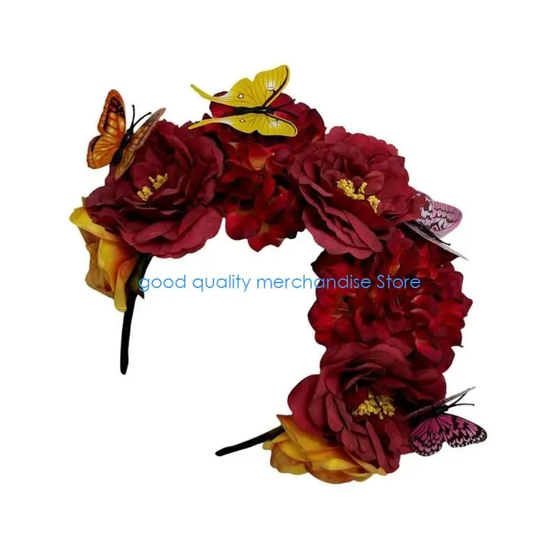 

Y5JD Delicate Flower Crown Ethnic Girls Cosplay Fairy Hair Hoop Bride Wedding Headband with Realistic Butterfly Decor