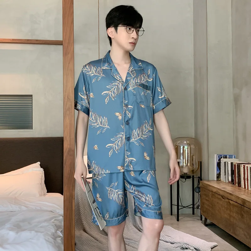 High Quality Satin Pajamas Set Spring Autumn Home Clothing Summer Thin Short Sleeved Ice Silk Long Large Size Sleepwear Set Male