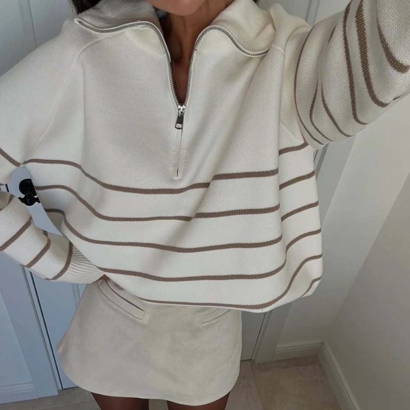 

Fall/Winter 2025 Retro Contrast Striped Semi-zipper Lapel Pullover Loose Sweater