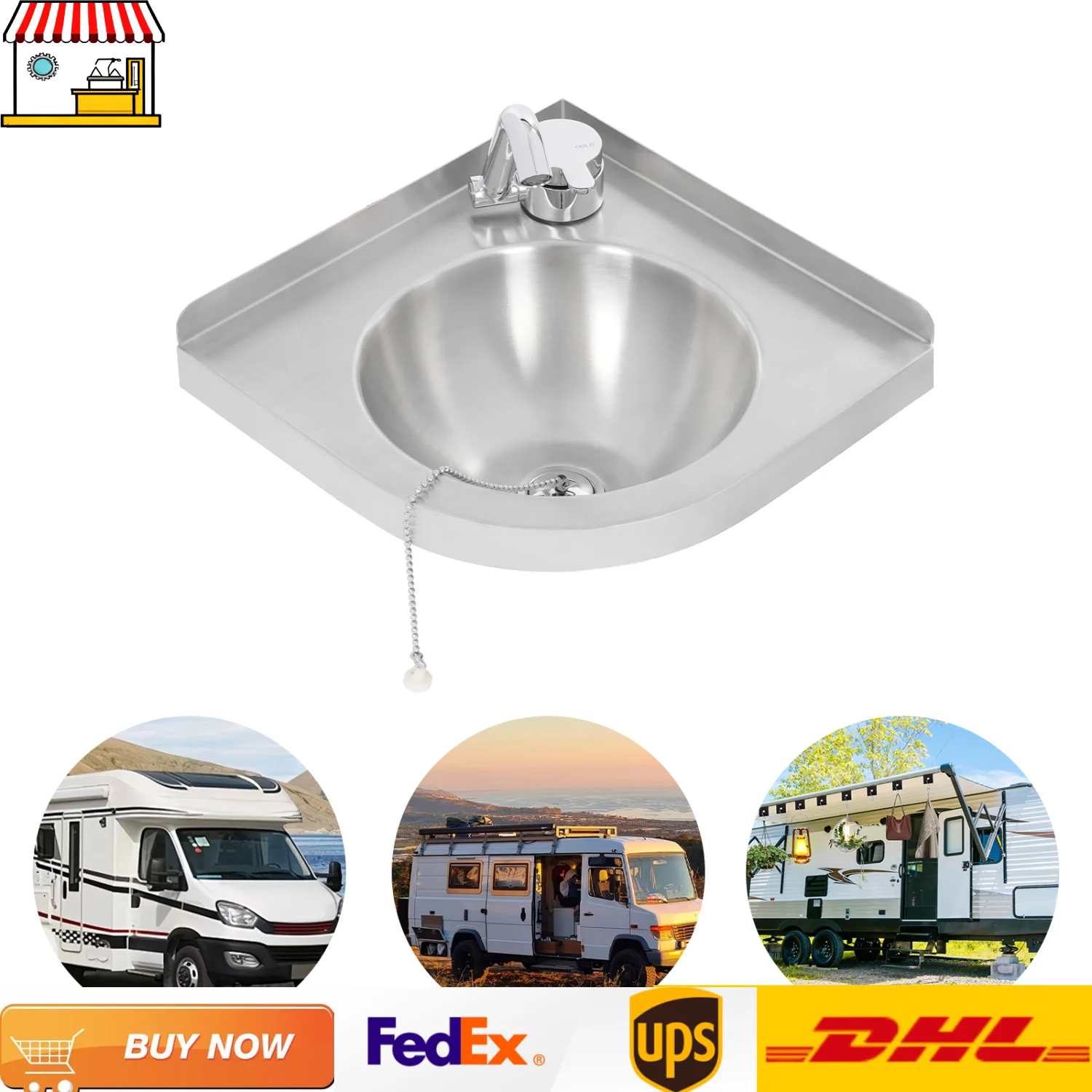

Drop In Single Basin Sink Set with Faucet| Stainless Steel RV Sink Kitchen Sink| 30.5*30.5cm Corner Mounted Sink