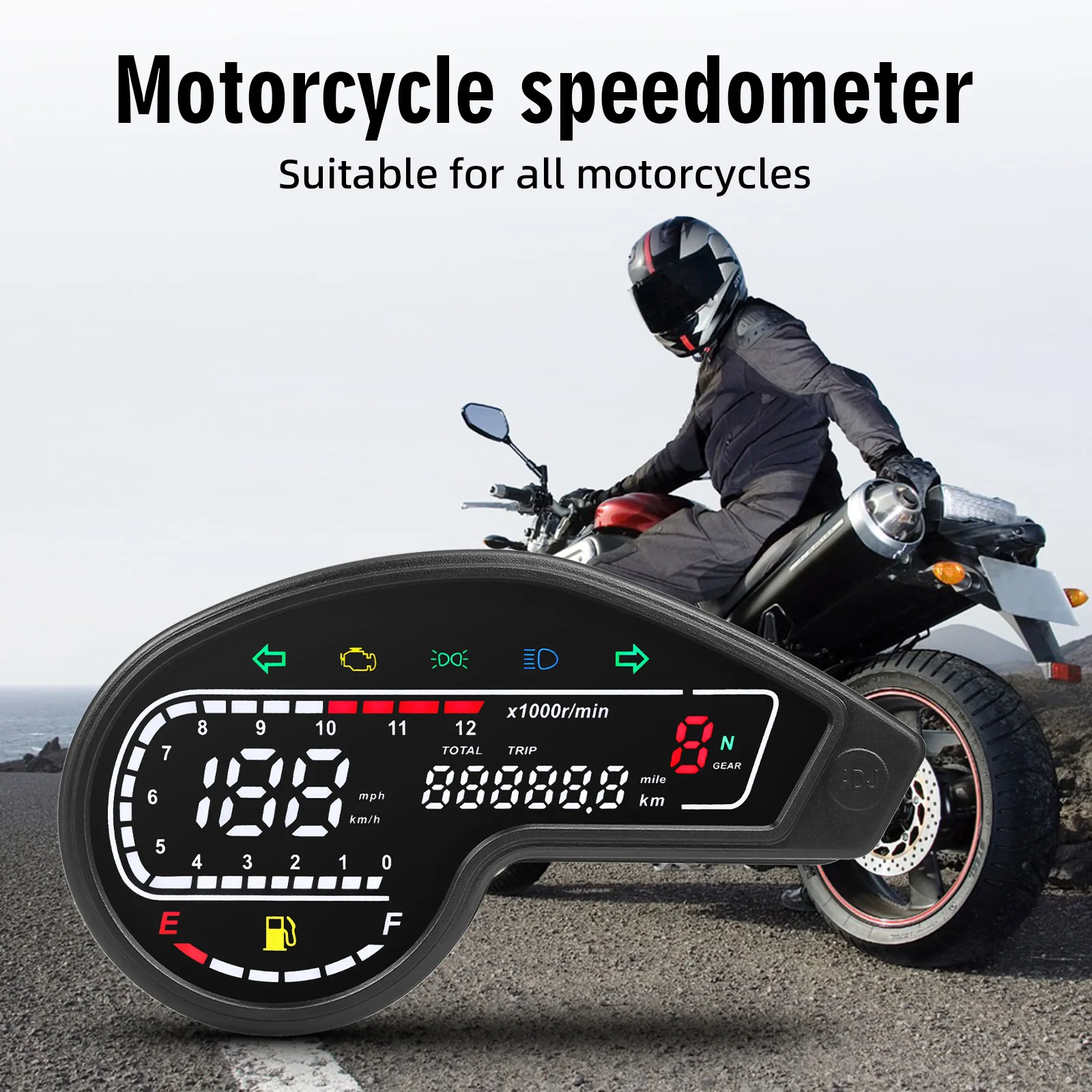 12V Universal Motorcycle Digital Tachometer Outboard 12000rpm LCD Speedometer Dashboard With Turn Signal Light EFL Failure Alarm