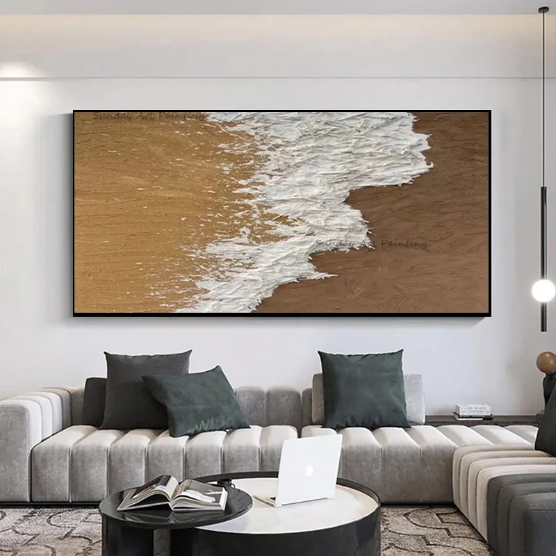 Abstract Hand Drawn Brown Yellow And White Seawaves Knife Thick Wall Art On Canvas New Design Blue White Ocean View Oil Painting