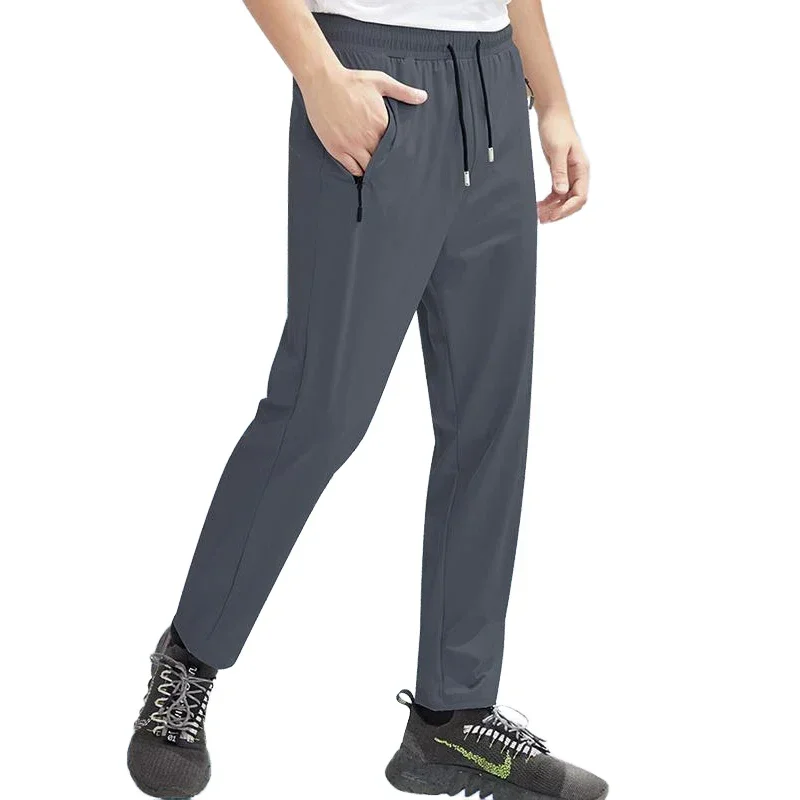 Calças de seda gelo de secagem rápida quatro vias estiramento respirável masculino runn sweatpants ginásio fitness esporte treinamento tubo reto sweatpants